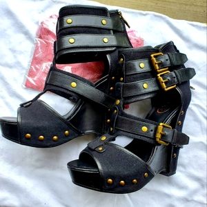 ASH canvas and leather black wedge high heels